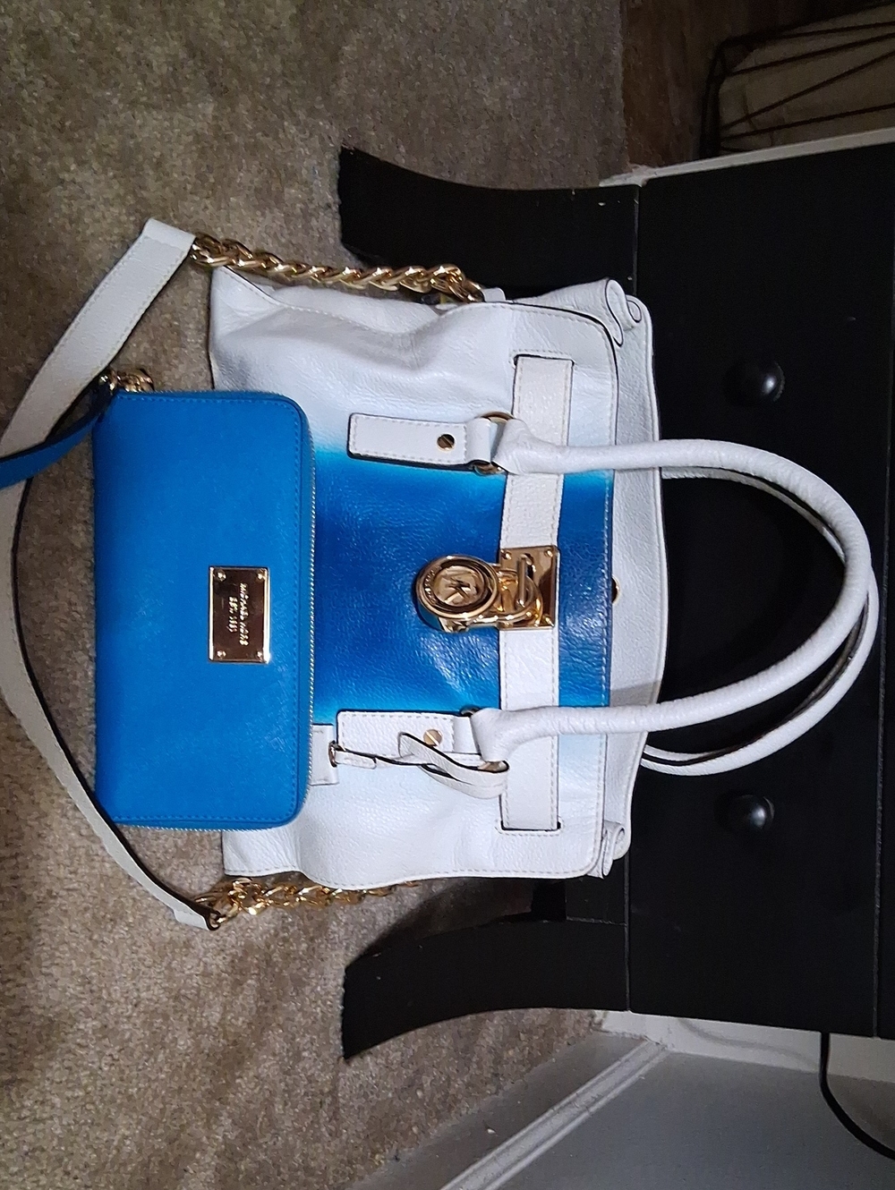 Michael Kors White Leather Shoulder Bag with Blue Wallet and Gold Hardware.
